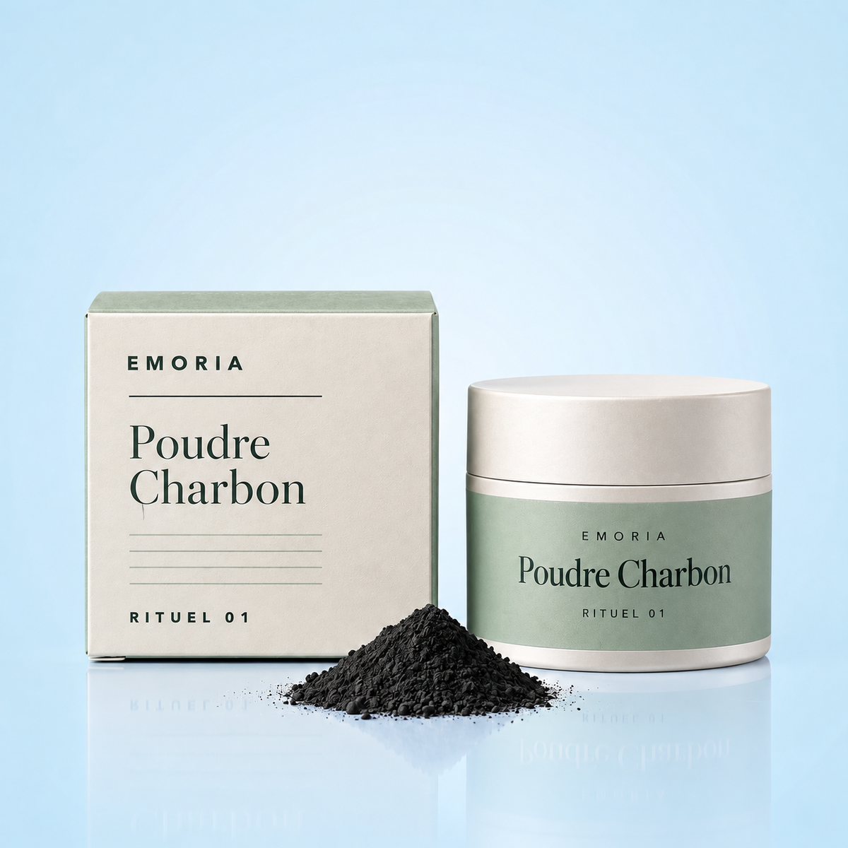 Poudre au charbon actif végétal Emoria : pot, boîte et poudre noire