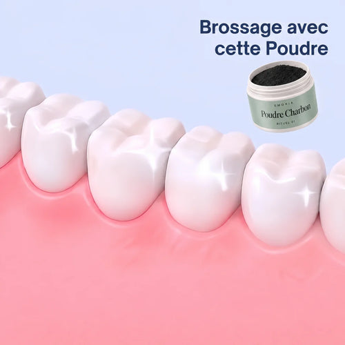Dents plus éclatantes après un brossage avec une poudre blanchissante au charbon